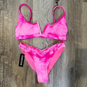 Oneone bikini neon pink tie dye, medium bottoms/large top, tag still on bottoms